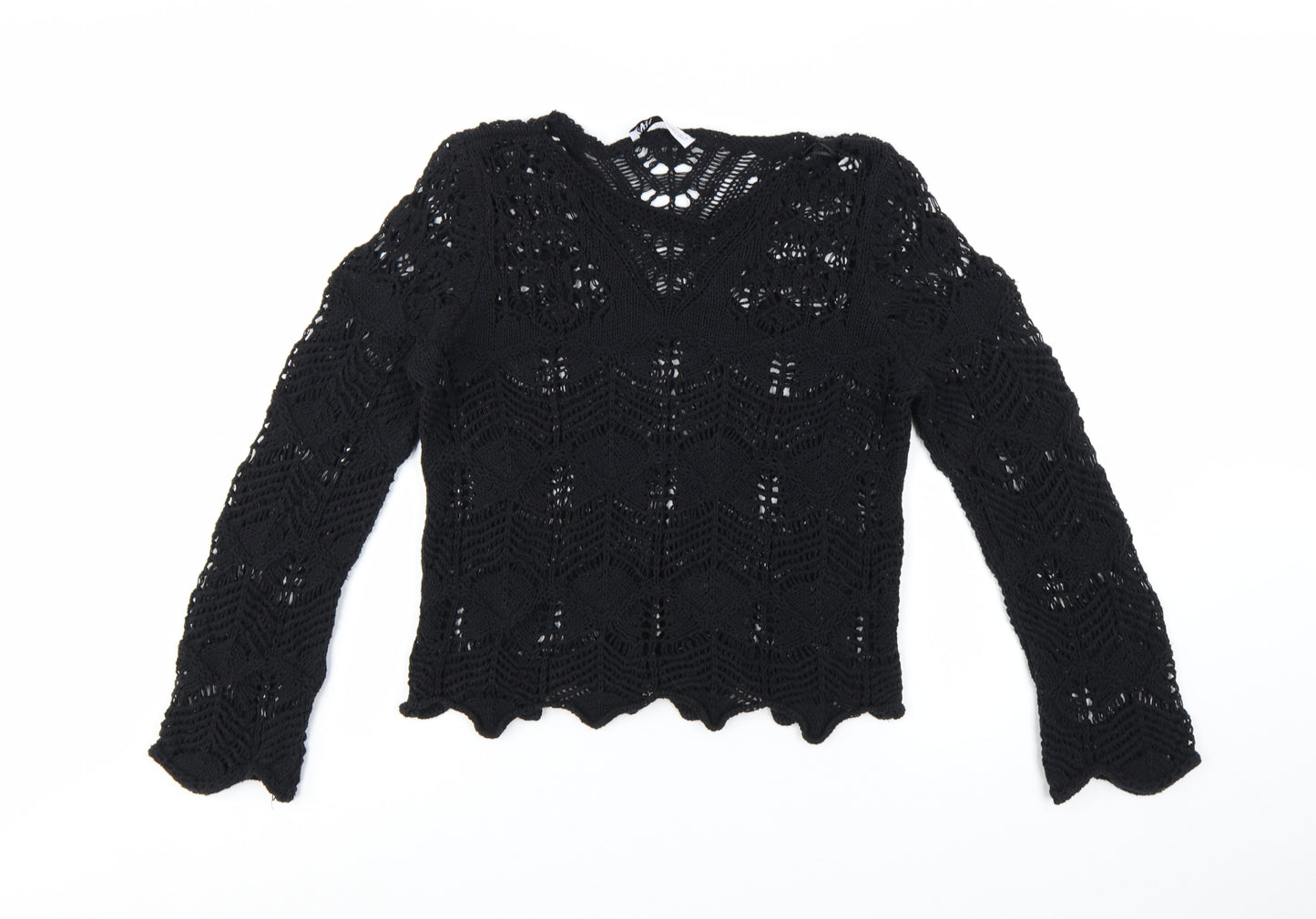 Zara Women Black Crochet Knit Long Sleeve V-Neck Jumper M