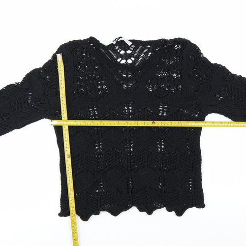 Zara Women Black Crochet Knit Long Sleeve V-Neck Jumper M