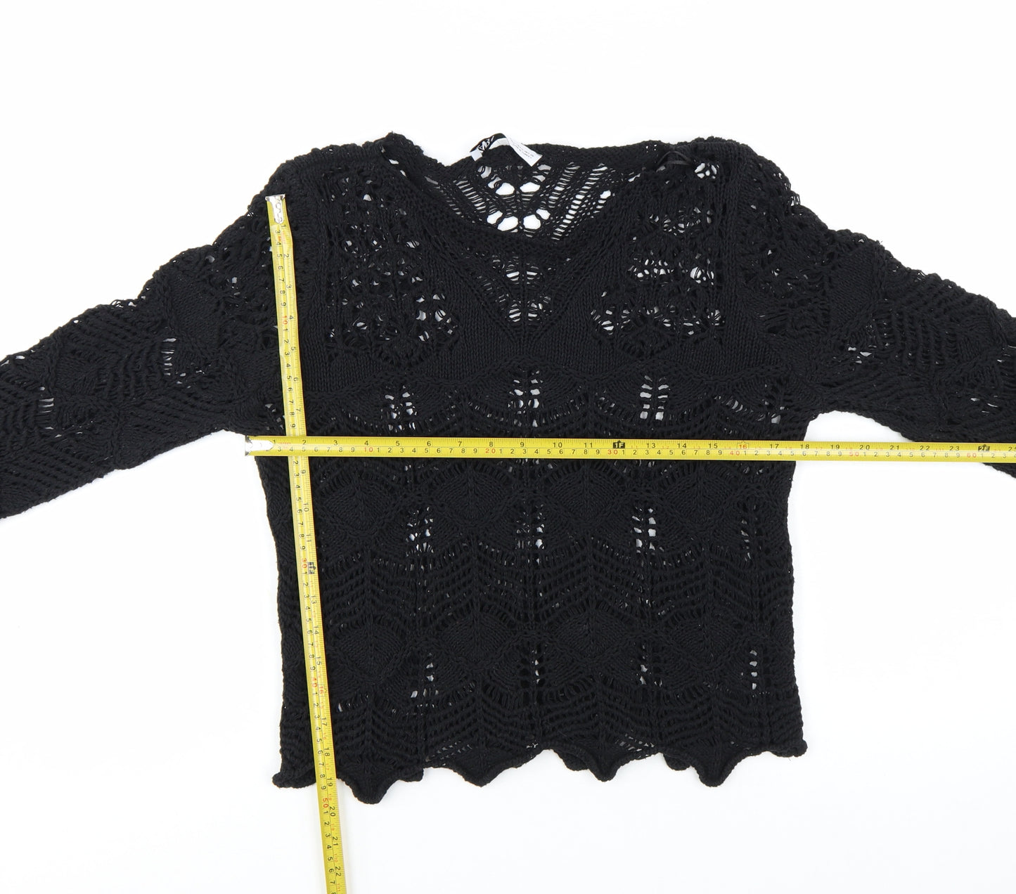 Zara Women Black Crochet Knit Long Sleeve V-Neck Jumper M