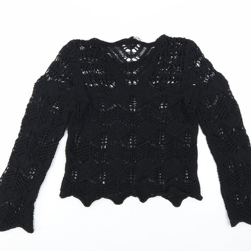 Zara Women Black Crochet Knit Long Sleeve V-Neck Jumper M