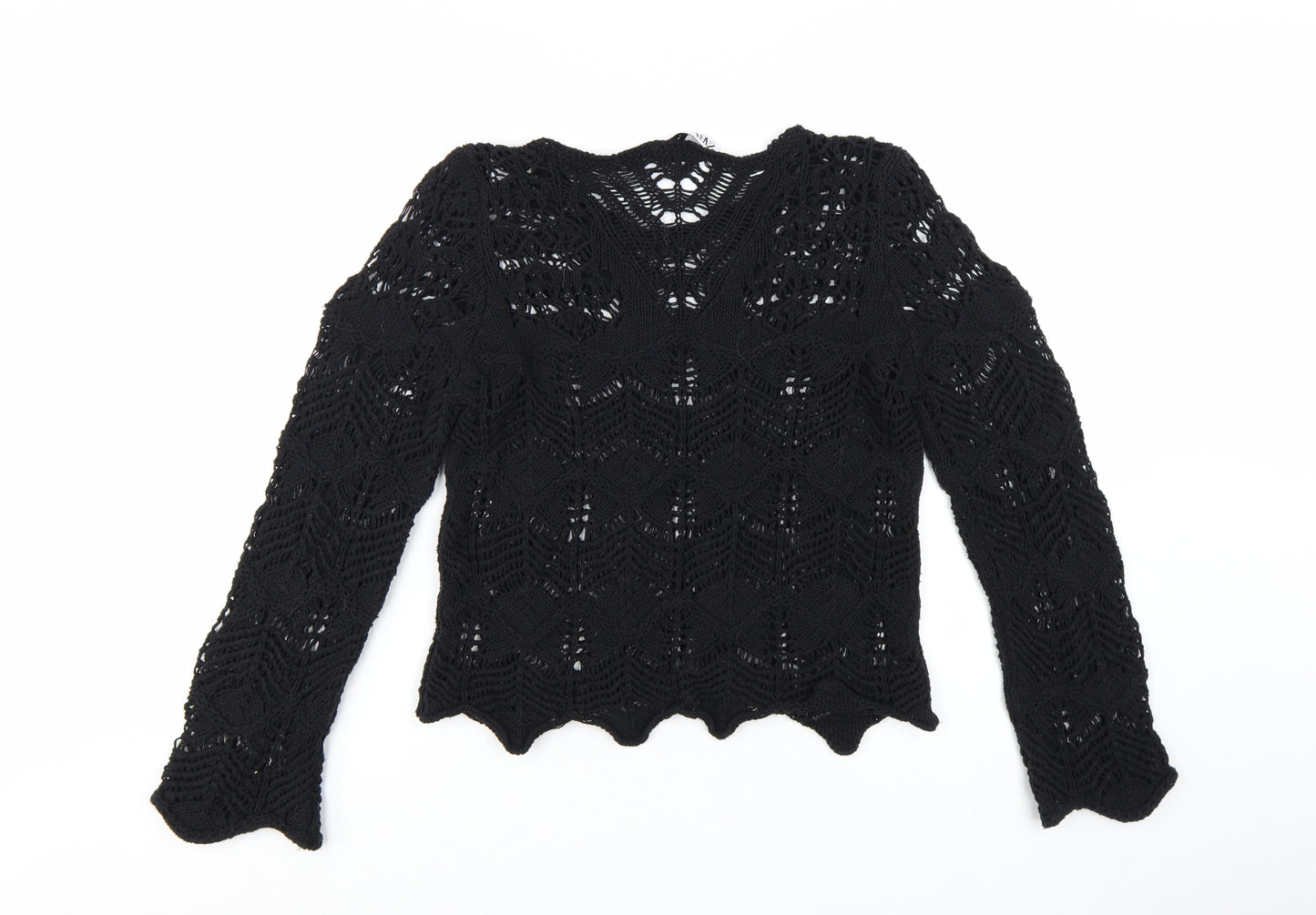 Zara Women Black Crochet Knit Long Sleeve V-Neck Jumper M