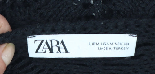 Zara Women Black Crochet Knit Long Sleeve V-Neck Jumper M