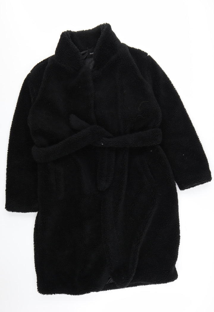 Boohoo Women Black Belted Teddy Overcoat Size 8 Winter Wear