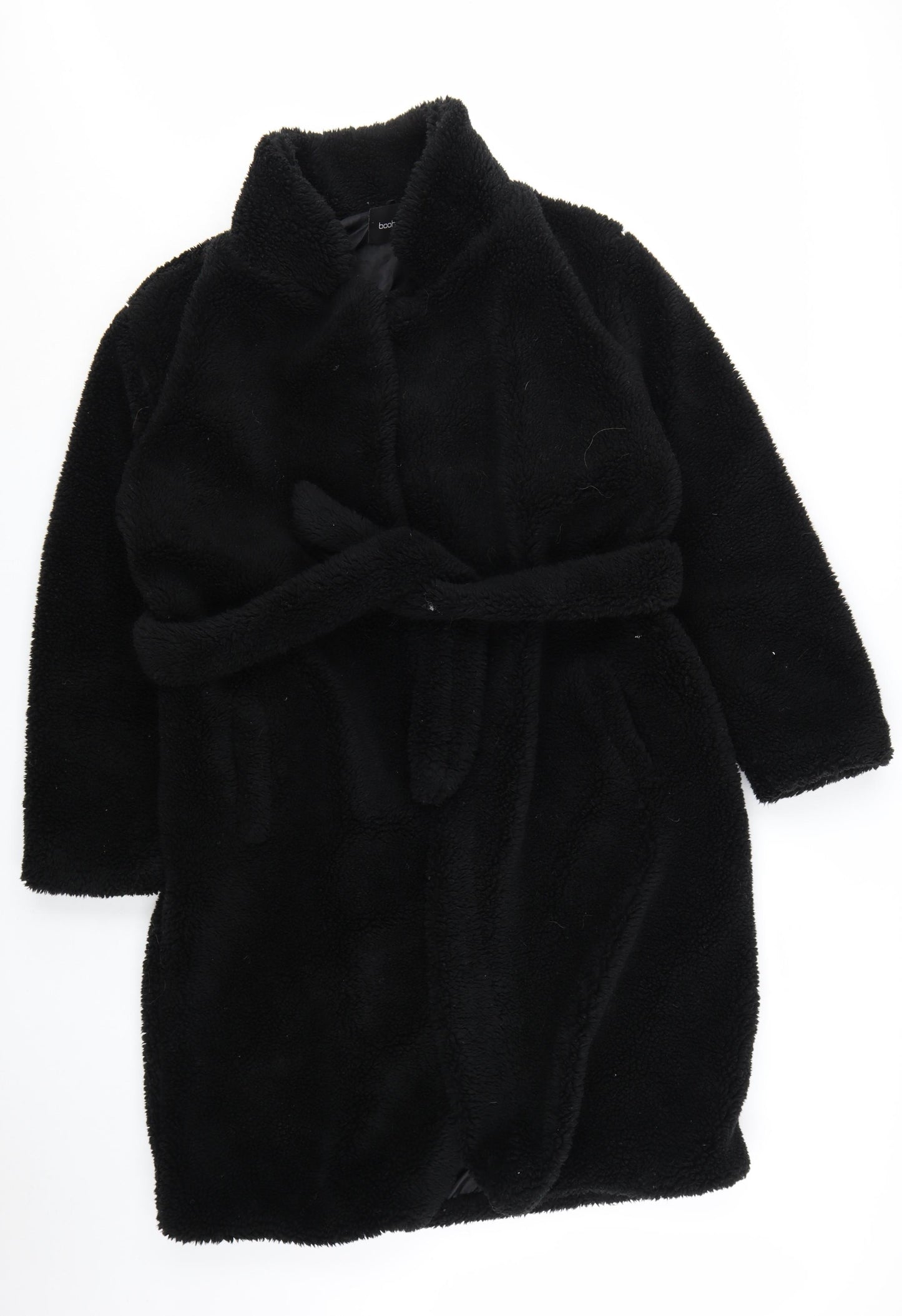 Boohoo Women Black Belted Teddy Overcoat Size 8 Winter Wear