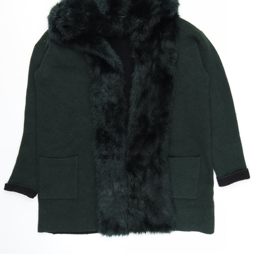 French Connection Womens Green Faux Fur Trim Hooded Cardigan L