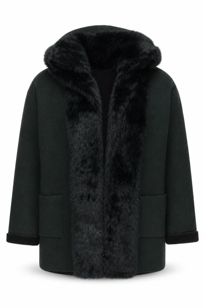 French Connection Womens Green Faux Fur Trim Hooded Cardigan L