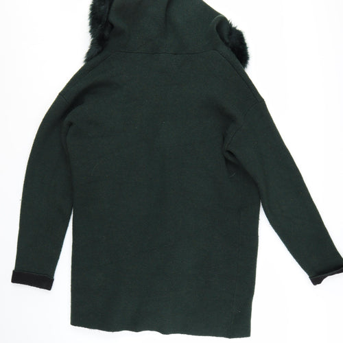 French Connection Womens Green Faux Fur Trim Hooded Cardigan L