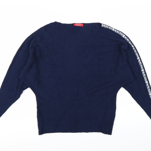 Guess Women's Blue Logo Sleeve Boat Neck Pullover Jumper Size M
