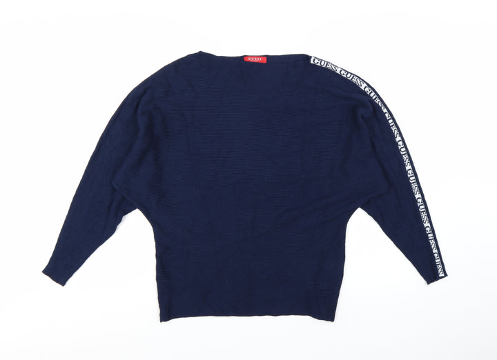 Guess Women's Blue Logo Sleeve Boat Neck Pullover Jumper Size M