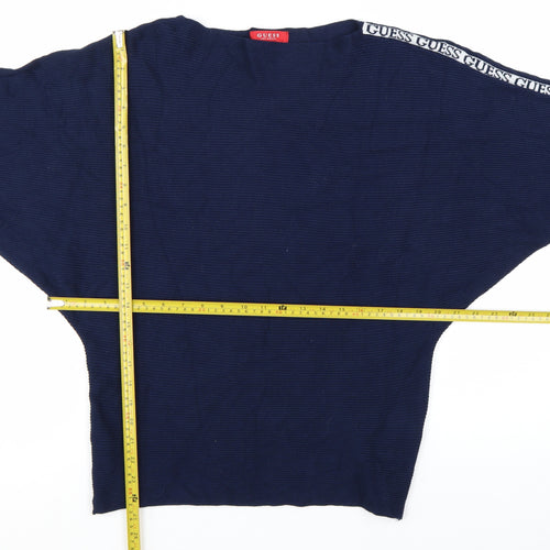 Guess Women's Blue Logo Sleeve Boat Neck Pullover Jumper Size M