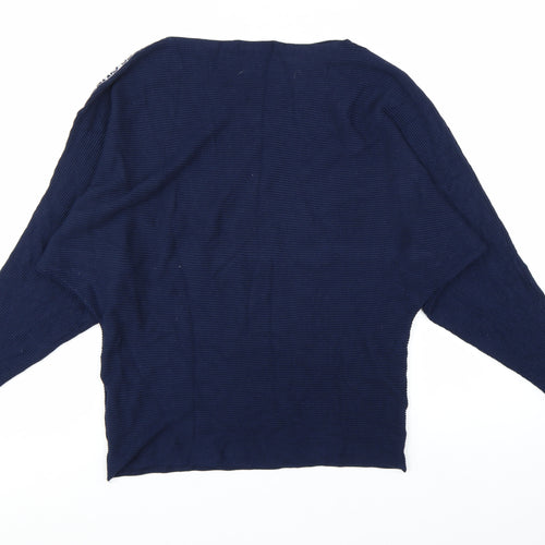 Guess Women's Blue Logo Sleeve Boat Neck Pullover Jumper Size M