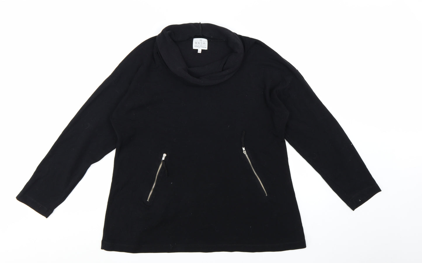 Masai Women Black Cotton Tunic Top XL Long Sleeve Cowl Neck Zip Detail
