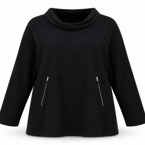 Masai Women Black Cotton Tunic Top XL Long Sleeve Cowl Neck Zip Detail