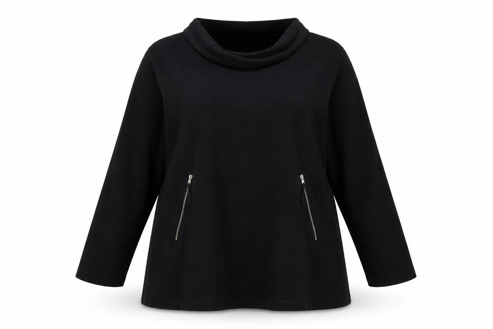 Masai Women Black Cotton Tunic Top XL Long Sleeve Cowl Neck Zip Detail