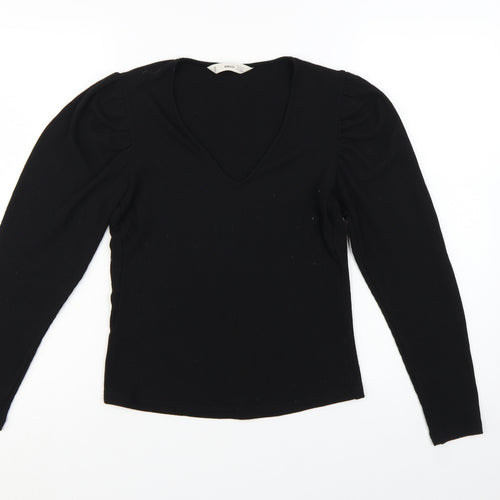 MNG Women Black V-Neck Slim Fit Long Sleeve Basic Top XS