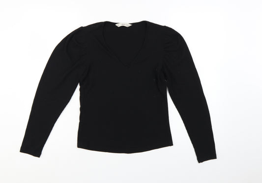 MNG Women Black V-Neck Slim Fit Long Sleeve Basic Top XS