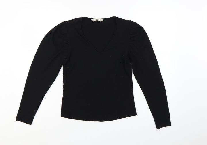 MNG Women Black V-Neck Slim Fit Long Sleeve Basic Top XS