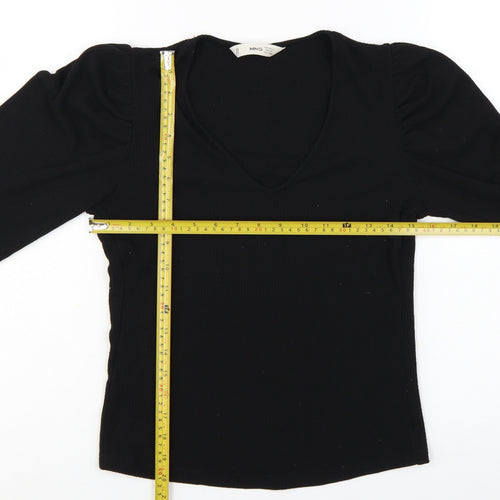 MNG Women Black V-Neck Slim Fit Long Sleeve Basic Top XS