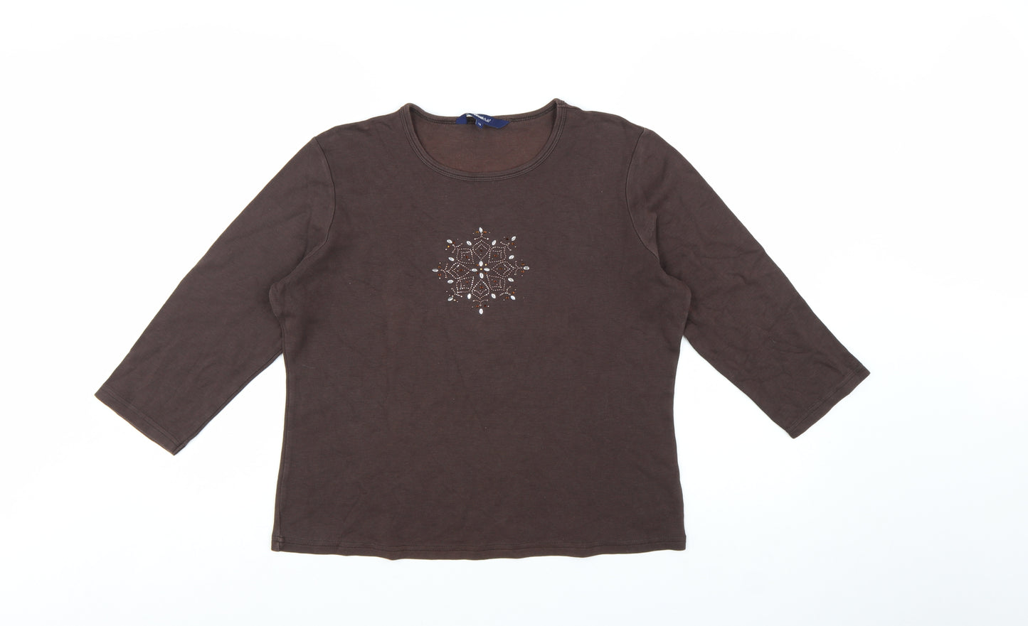 Casual Club Women’s Brown Beaded 3/4 Sleeve Cotton T-Shirt Size 16