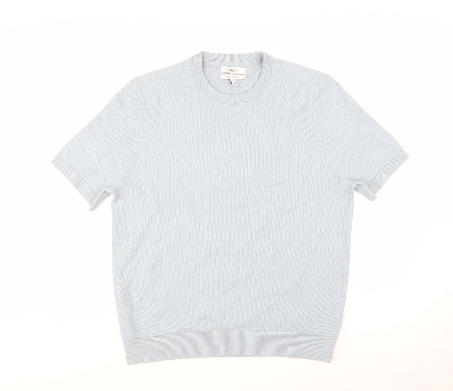 Marks and Spencer Men's Light Blue Pure Cotton Crew Neck T-Shirt Large