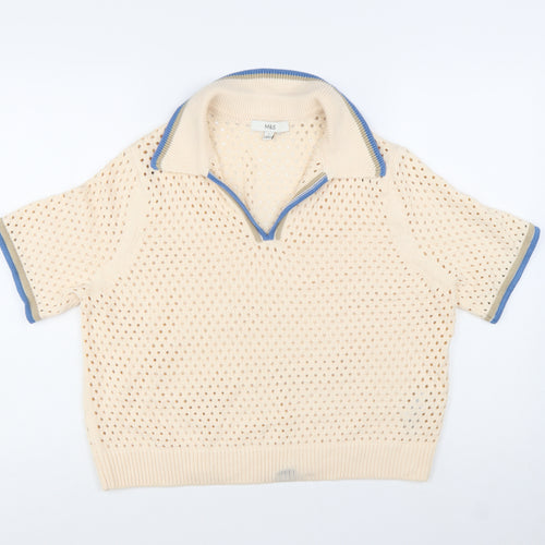 Marks and Spencer Women Beige Open-Knit Collared Short Sleeve Jumper L
