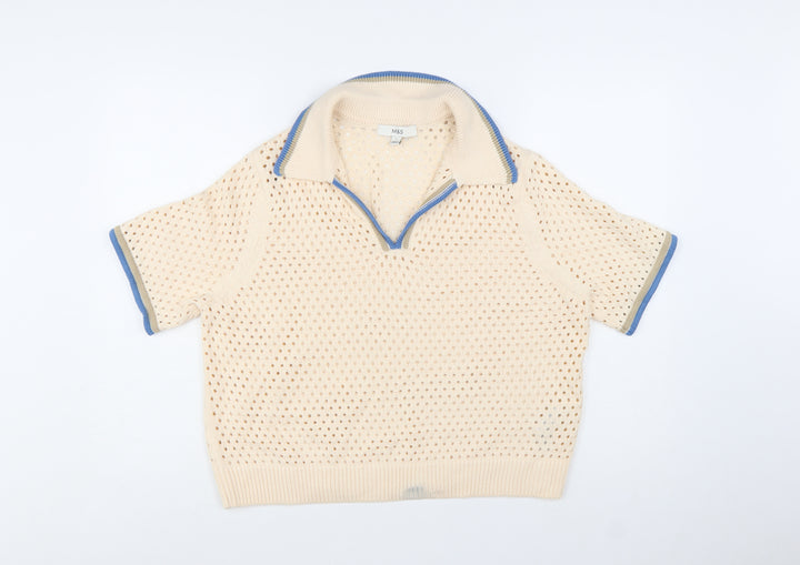 Marks and Spencer Women Beige Open-Knit Collared Short Sleeve Jumper L