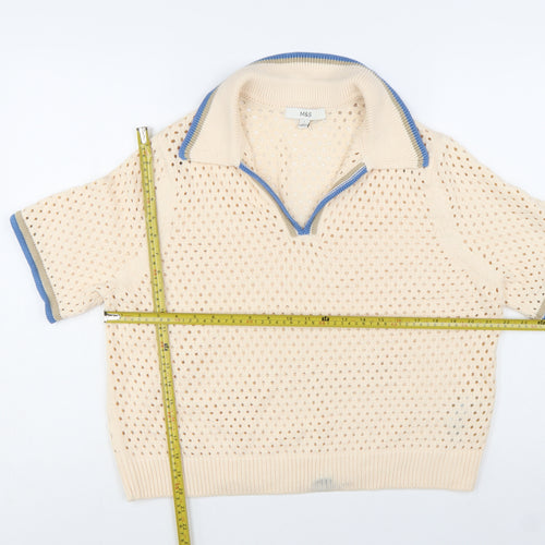 Marks and Spencer Women Beige Open-Knit Collared Short Sleeve Jumper L
