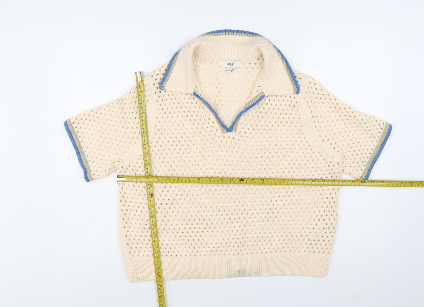 Marks and Spencer Women Beige Open-Knit Collared Short Sleeve Jumper L