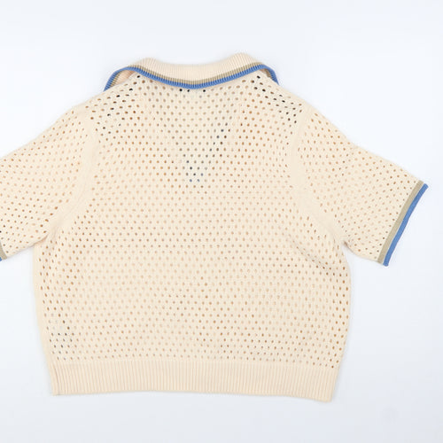 Marks and Spencer Women Beige Open-Knit Collared Short Sleeve Jumper L