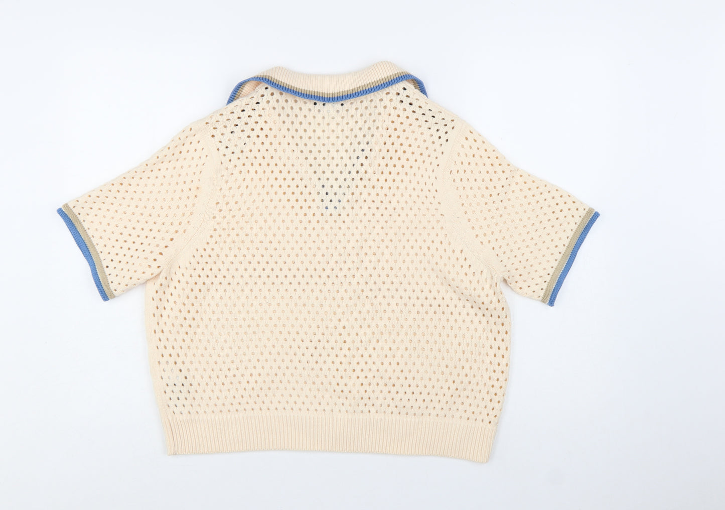 Marks and Spencer Women Beige Open-Knit Collared Short Sleeve Jumper L