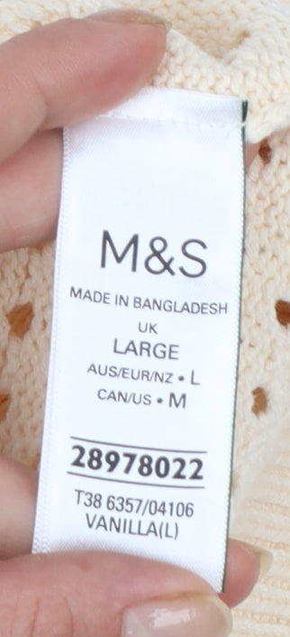 Marks and Spencer Women Beige Open-Knit Collared Short Sleeve Jumper L