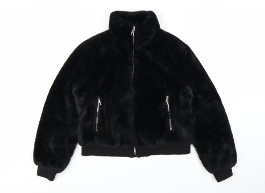 Pull & Bear Women's Black Faux Fur Bomber Jacket Size 14