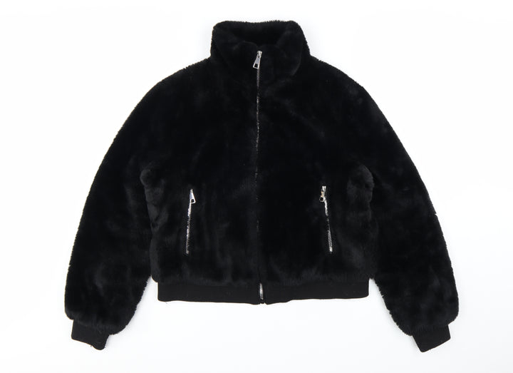 Pull & Bear Women's Black Faux Fur Bomber Jacket Size 14