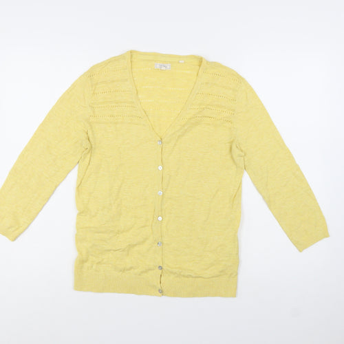 Fat Face Women Yellow Cotton V-Neck Cardigan Size 10
