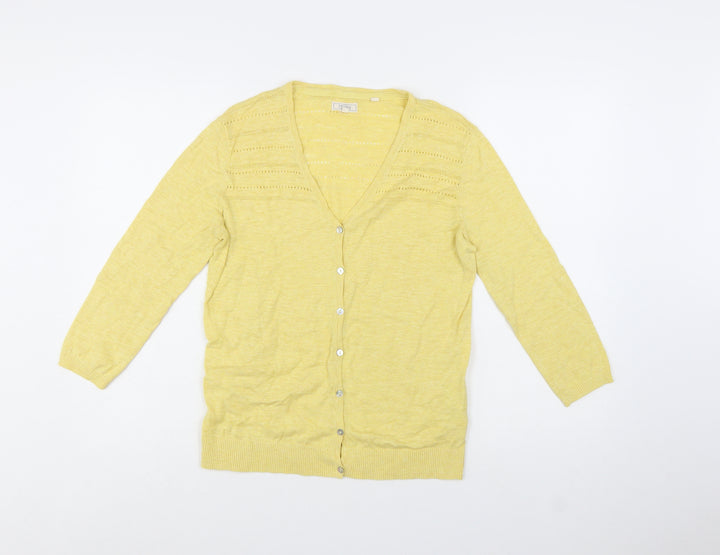 Fat Face Women Yellow Cotton V-Neck Cardigan Size 10
