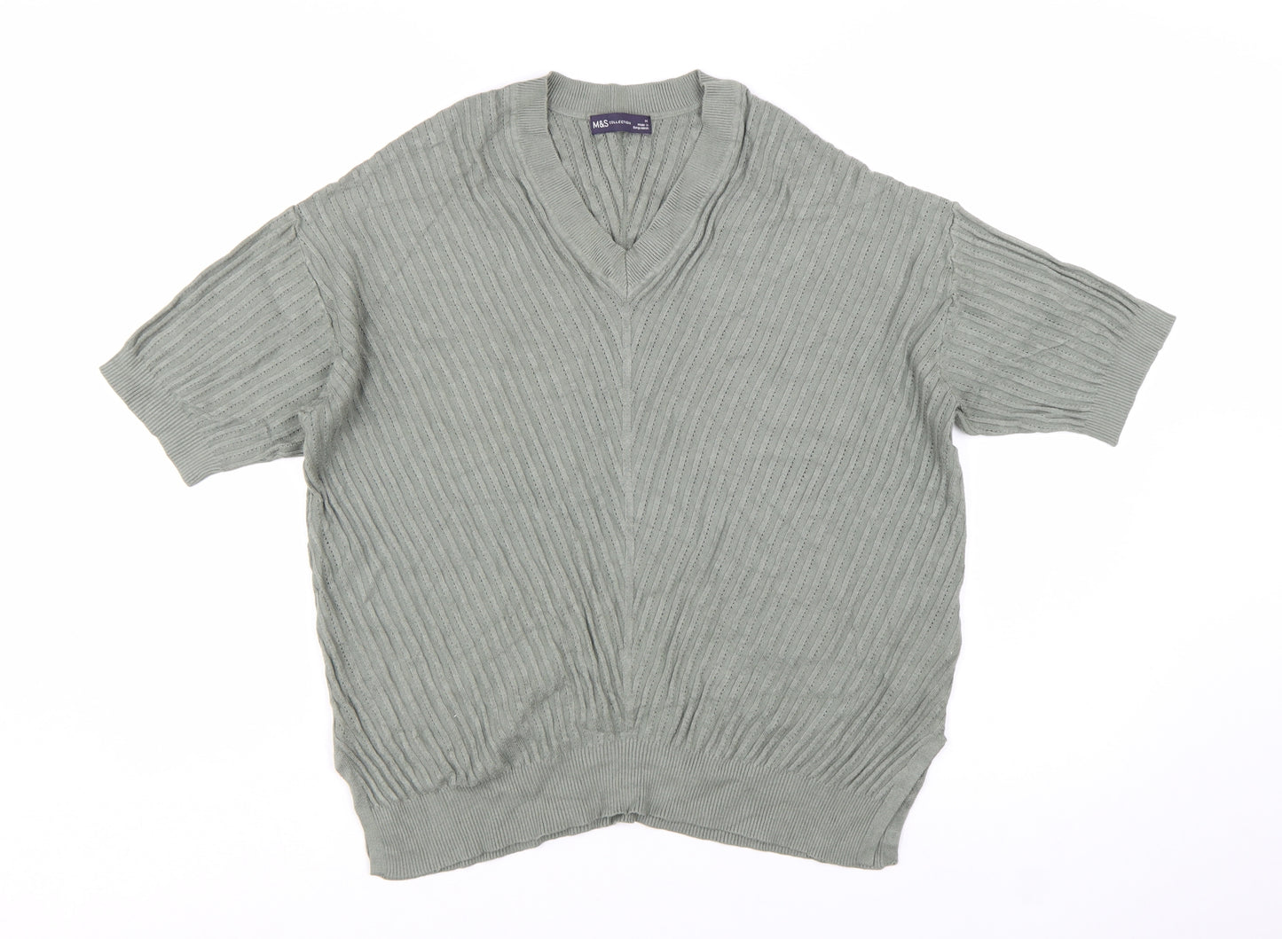 Marks and Spencer Women's Green V-Neck Short Sleeve Knit Jumper Size M