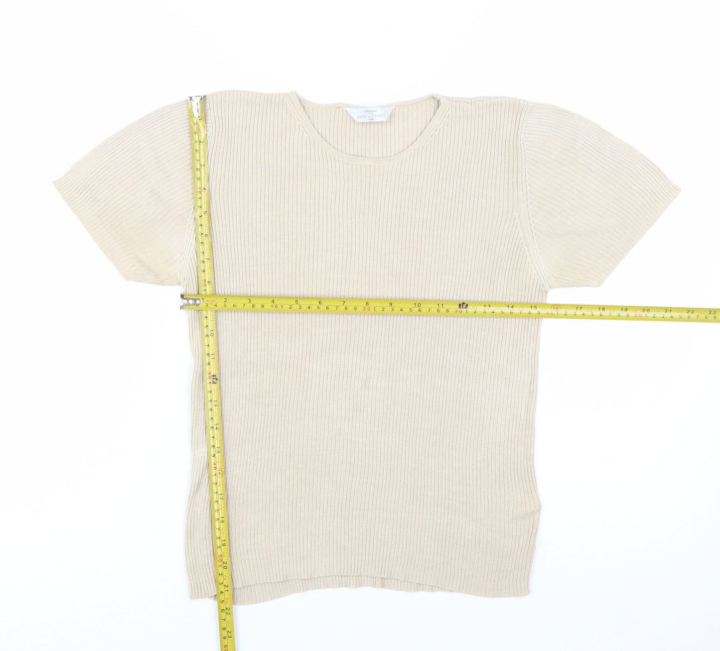Marks and Spencer Women Beige Silk Short Sleeve Rib T-Shirt UK 16