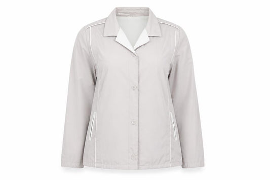 Front view of Eleganzé Women's Beige Cotton Blend Button Jacket, size 14
