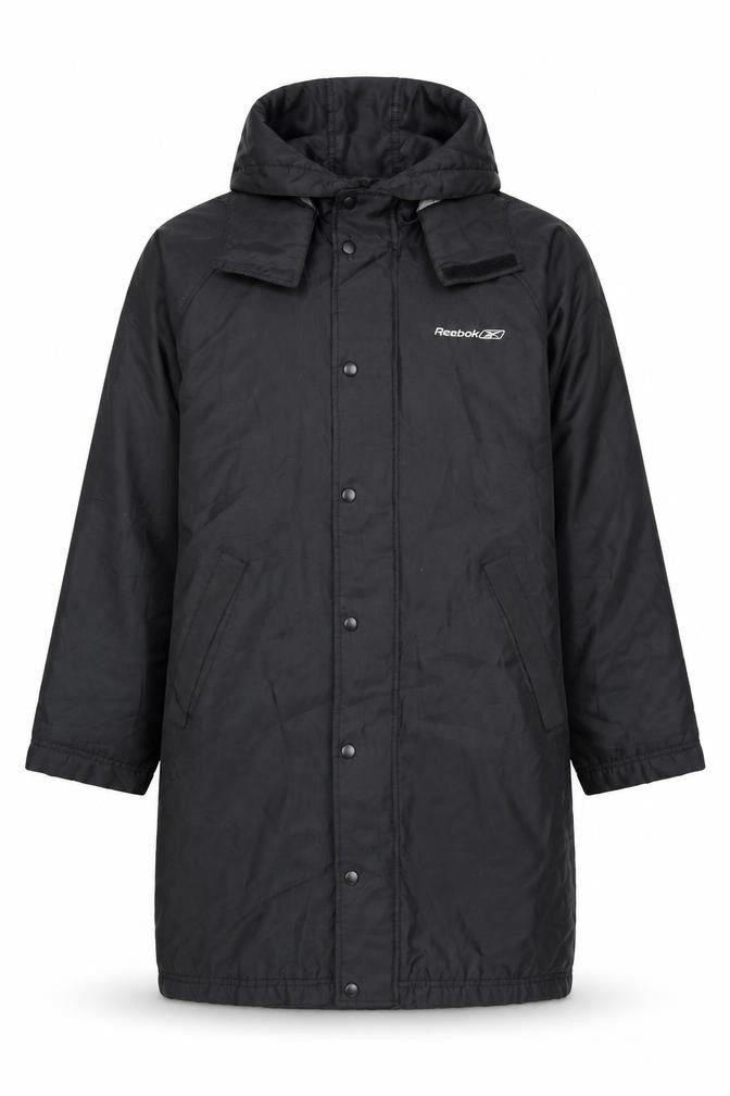 Reebok Men’s Black Hooded Long Parka Coat Size M Lined Winter Jacket