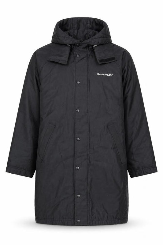 Reebok Men’s Black Hooded Long Parka Coat Size M Lined Winter Jacket