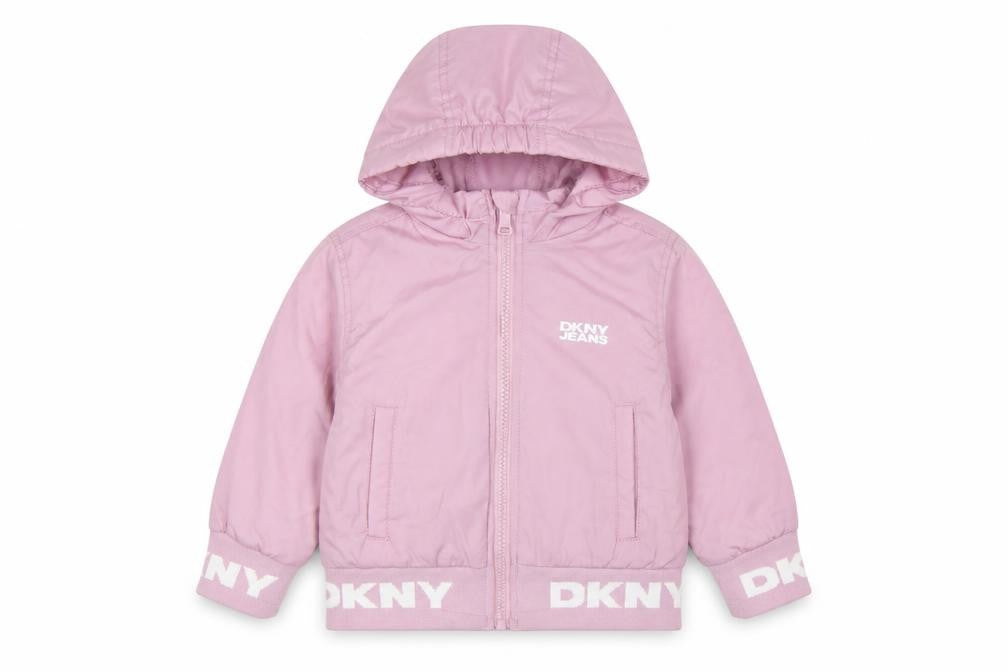 Front view of DKNY girls’ pink hooded puffer jacket 24 months polyester winter coat
