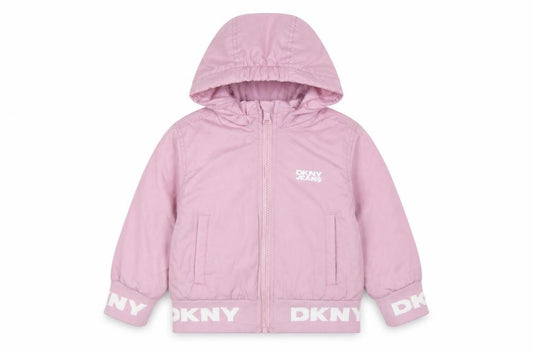 Front view of DKNY girls’ pink hooded puffer jacket 24 months polyester winter coat