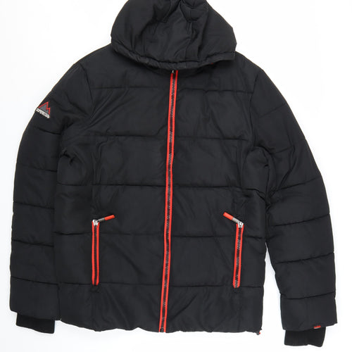 Superdry Men's Black Puffer Jacket Hooded Lined Size L Winter Coat