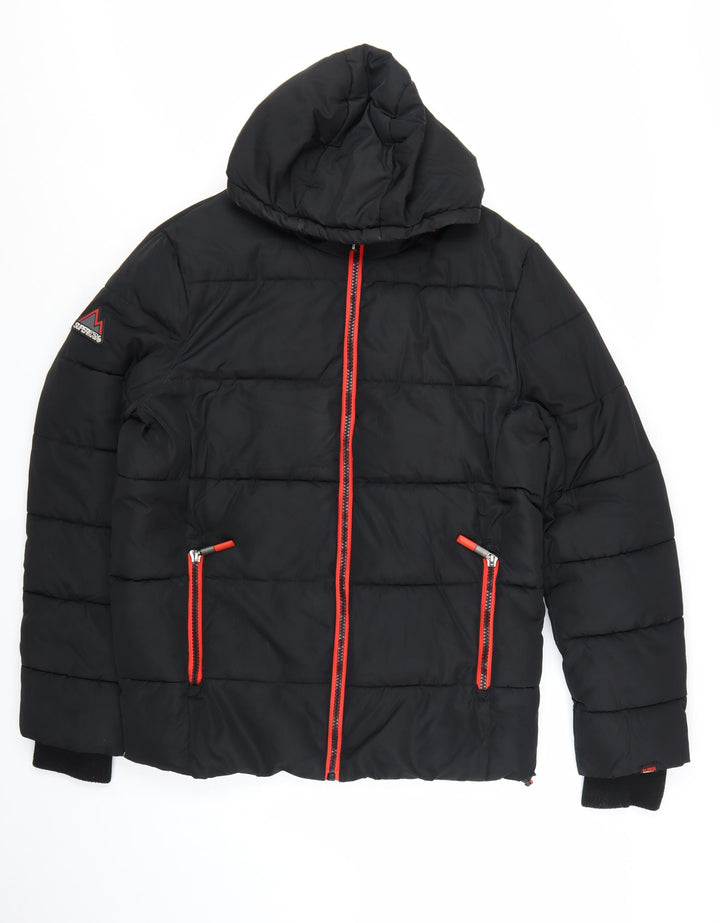 Superdry Men's Black Puffer Jacket Hooded Lined Size L Winter Coat