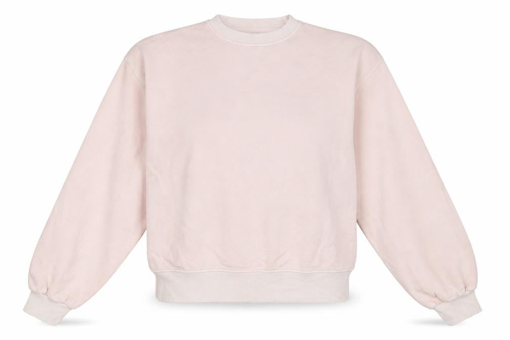 Front view of Reebok women’s pink crew neck pullover sweatshirt, size M, 12-14