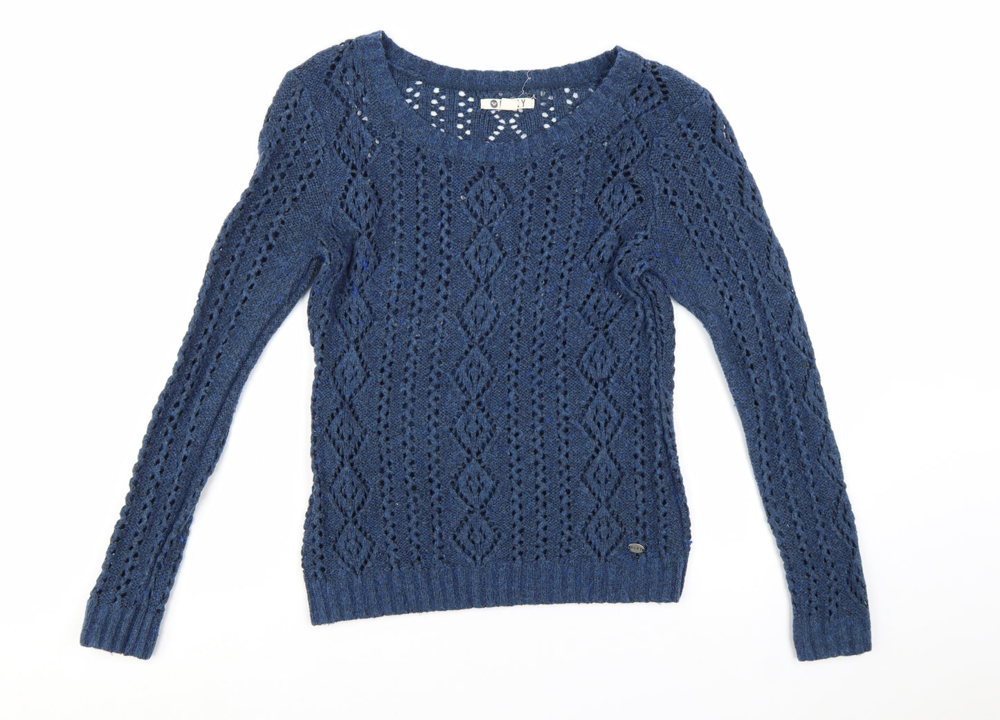 Roxy Women Blue Open-Knit Wool Blend Pullover Jumper Size L