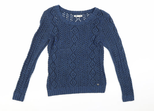 Roxy Women Blue Open-Knit Wool Blend Pullover Jumper Size L