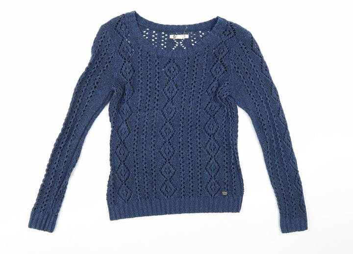 Roxy Women Blue Open-Knit Wool Blend Pullover Jumper Size L
