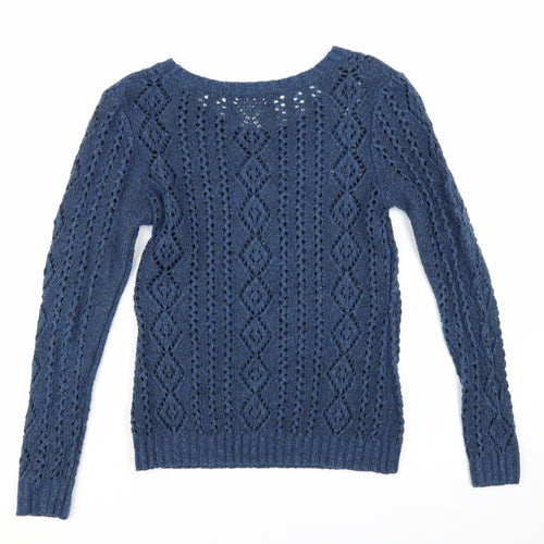 Roxy Women Blue Open-Knit Wool Blend Pullover Jumper Size L