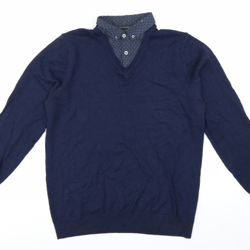 Next Men's Blue Medium V-Neck Cotton Blend Pullover Jumper
